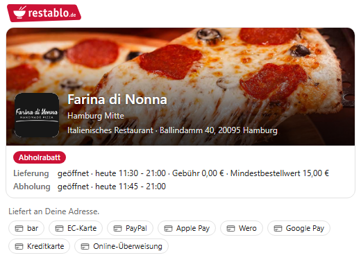 Karte von restablo.de: Farina di Nonna in Hamburg Mitte mit Abholrabatt, Liefer- und Abholzeiten, Mindestbestellwert und Zahlarten von bar bis Kreditkarte.