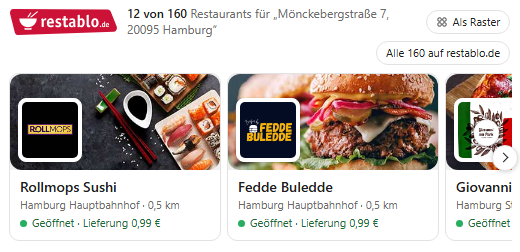 Karte von restablo.de: 12 von 160 Restaurants für die Mönckebergstraße 7, darunter Rollmops Sushi und Fedde Buledde, jeweils mit Entfernung, geöffnet und Liefergebühr.