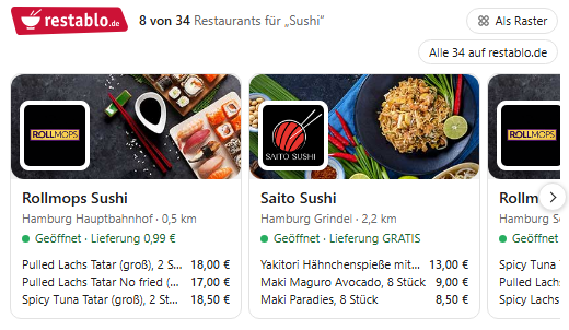Karte von restablo.de: Restaurants mit Sushi in der Nähe, jeweils mit passenden Gerichten und Preisen.